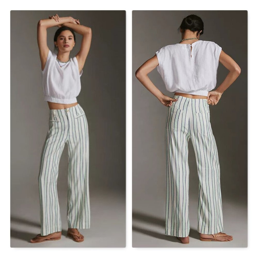 Anthropologie White and Green Striped Wide Leg Pants